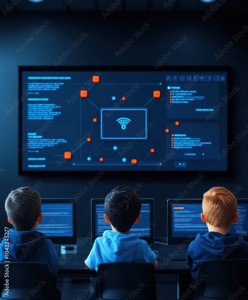 Young children learning coding on computers in a dark tech classroom. Educational technology concept Young children learning coding on computers in a dark tech classroom. Educational technology concept
