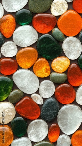 Colorful collection of polished stones showcasing various shapes and sizes on...