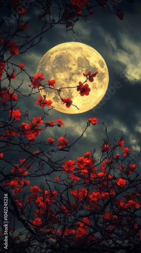 A tranquil night with a full moon illuminating vibrant red blossoms against a...