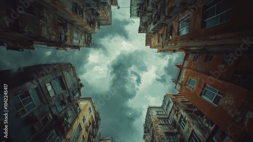 Looking up at a vibrant urban alleyway surrounded by historic buildings and c...