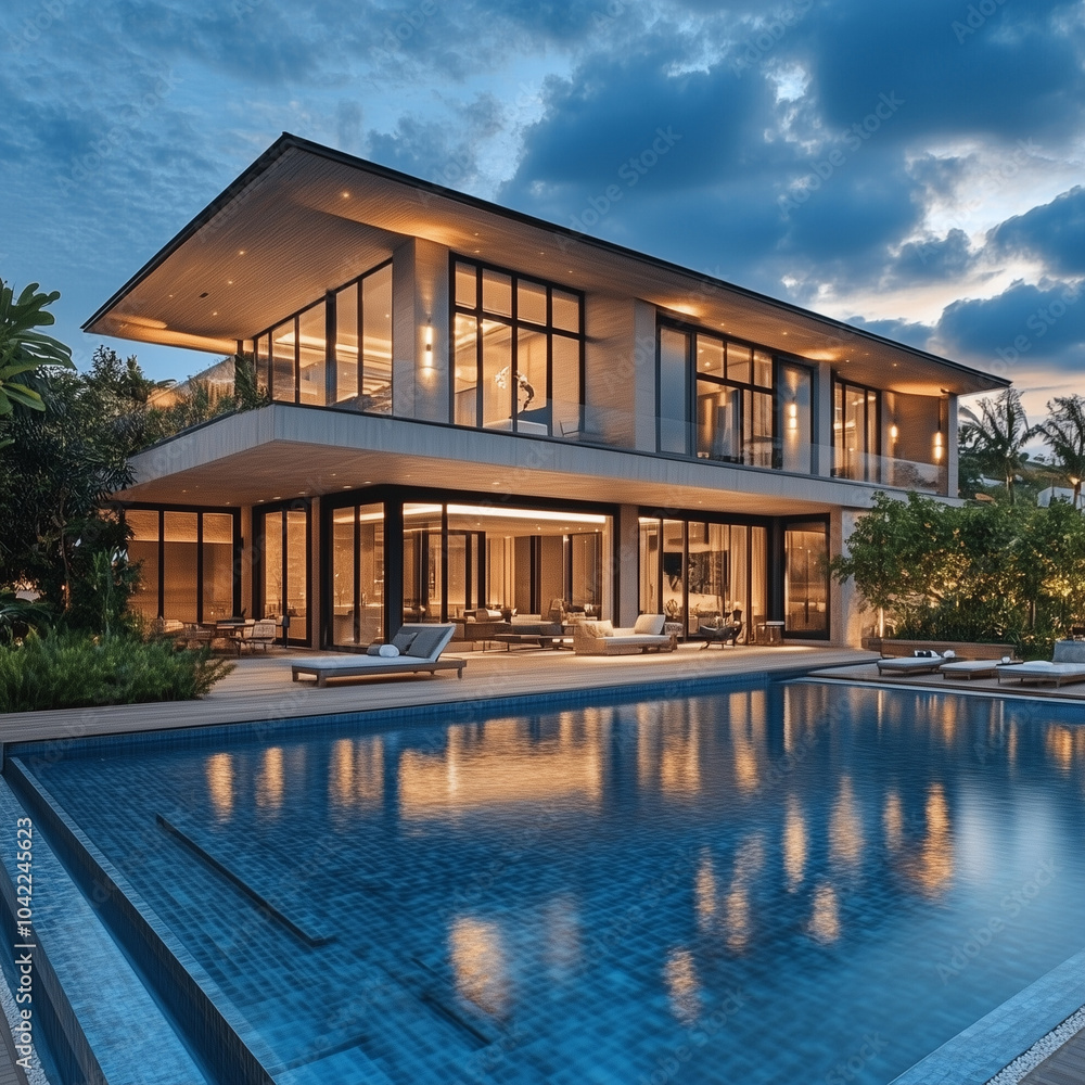 Fototapeta premium Beautiful House with a Sparkling Pool, Luxury Residential Property Featuring Modern Architecture, Outdoor Pool, and Scenic Surroundings