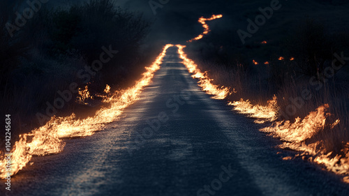 Fiery tracks from a speeding car. Roadway scene with flames burning on both sides of the road. Generative AI