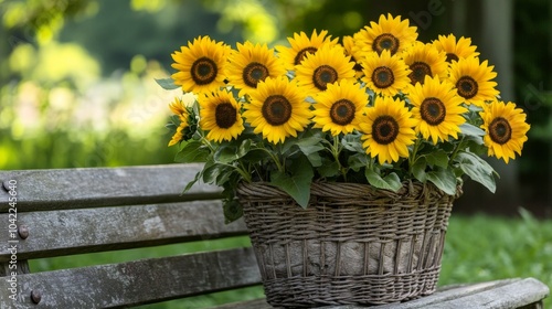 Vibrant sunflowers in a woven basket on a park bench during a sunny afternoon