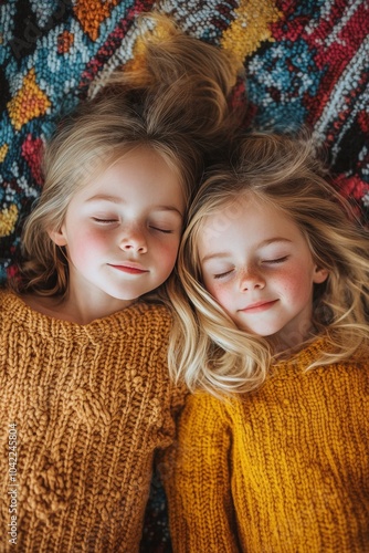Two girls with long hair wearing sweaters relax on a patterned rug during a c...