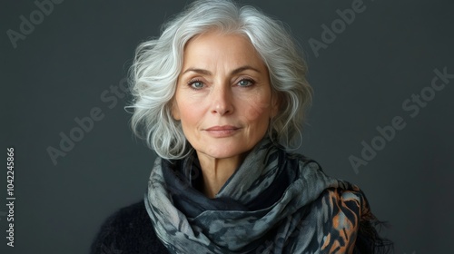 Elderly woman with silver hair and yellow scarf enjoys a serene autumn day in...