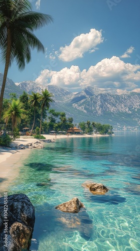 Serene tropical beach with clear turquoise waters and lush palm trees on a su...