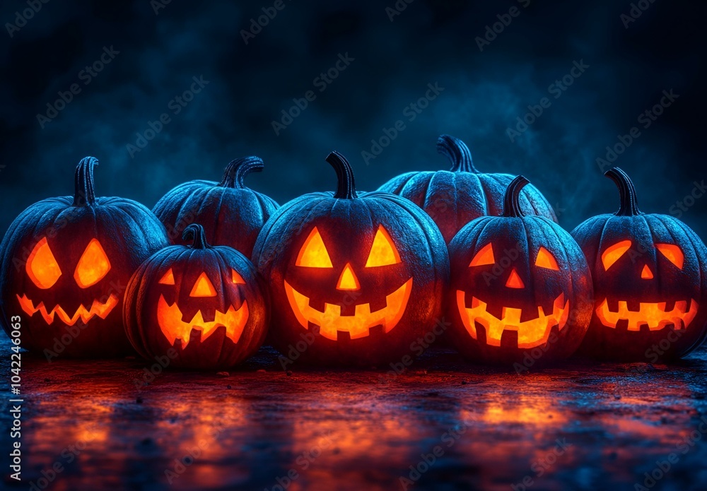 Glowing Group of Jack-o'-Lanterns Illuminated in Unison.
Glowing Group of Jack-o'-Lanterns Illuminated in Unison.