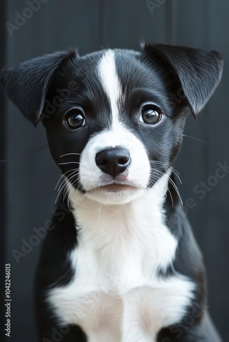 Adorable black and white puppy with big eyes sitting against a dark background