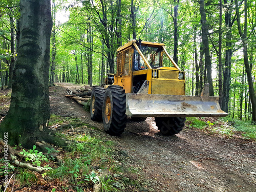 Transport of felled wood by lumberjacks by motor vehicle. Special forest export truck photo