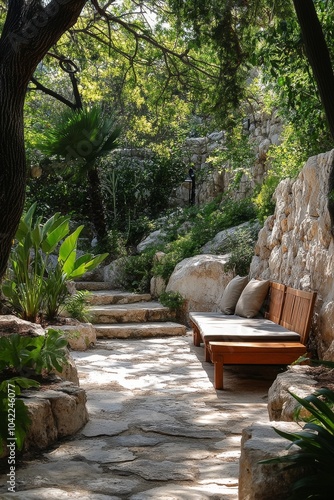 Tranquil outdoor oasis featuring natural stone architecture and a serene wate...