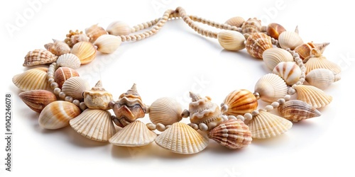 Reflected stringed seashell necklace with shells isolated on white background