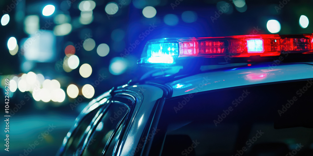 A close-up of a police car flashing blue and red lights against the background of the night city. Criminal news, traffic accidents A close-up of a police car flashing blue and red lights against the background of the night city. Criminal news, traffic accidents