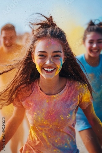 Young women celebrating a vibrant color festival while running in a sunny out...