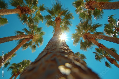 Sunlight filters through palm trees with a clear blue sky in a tropical setting