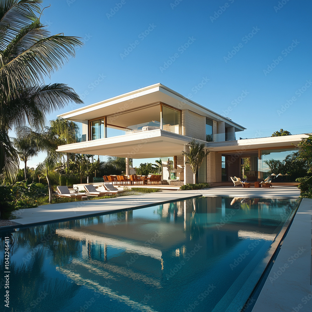 Fototapeta premium Beautiful House with a Sparkling Pool, Luxury Residential Property Featuring Modern Architecture, Outdoor Pool, and Scenic Surroundings