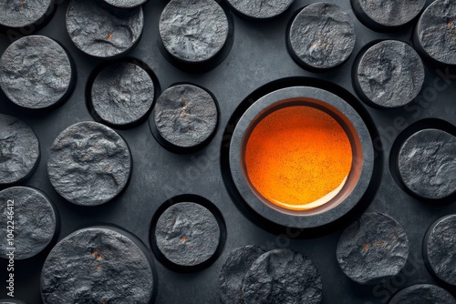 Aerial view of black and orange circular patterns with a bowl of liquid