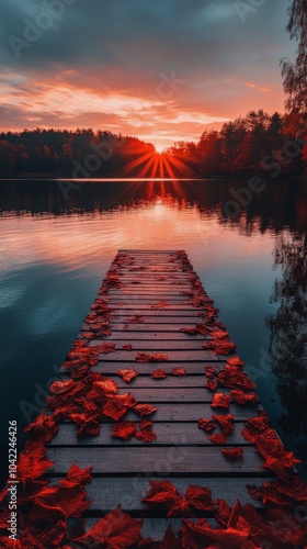 Autumn sunset reflects on calm lake with wooden dock covered in red leaves