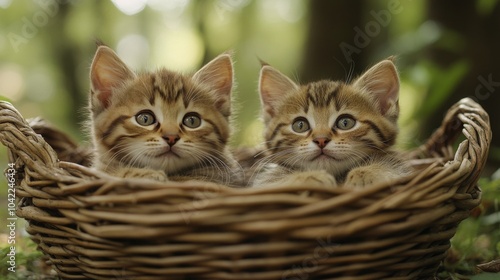 Two orange tabby kittens sleeping peacefully in a wicker basket surrounded by...
