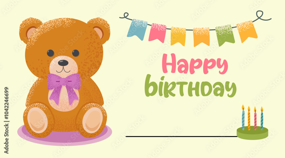 Fototapeta premium happy birthday card brown teddy bear with pink bow, cake, flags, Happy Birthday inscription, Vector
