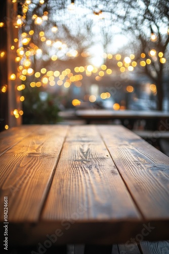 Rustic wooden table with warm lights in a cozy indoor setting during evening ...
