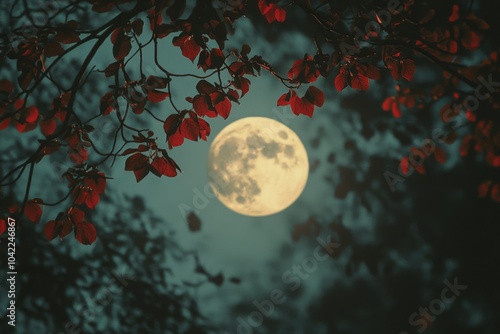 A full moon shines brightly through dark leaves on a calm night in the forest
