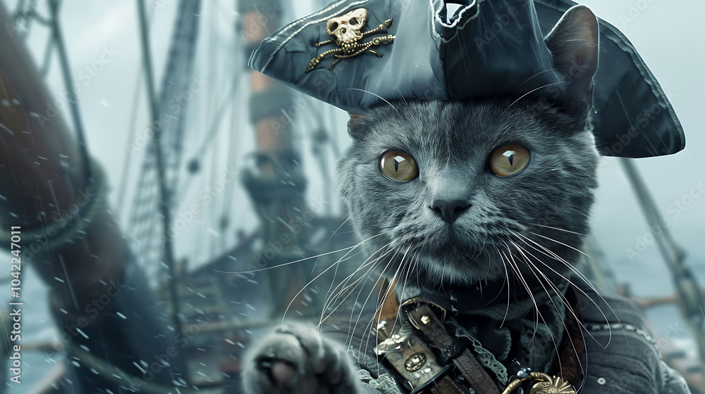 Fototapeta premium cute cat costume, a russian blue cat with hazel eyes, dressed as a pirate on a stormy ship reminiscent of pirates of the caribbean film-like scene