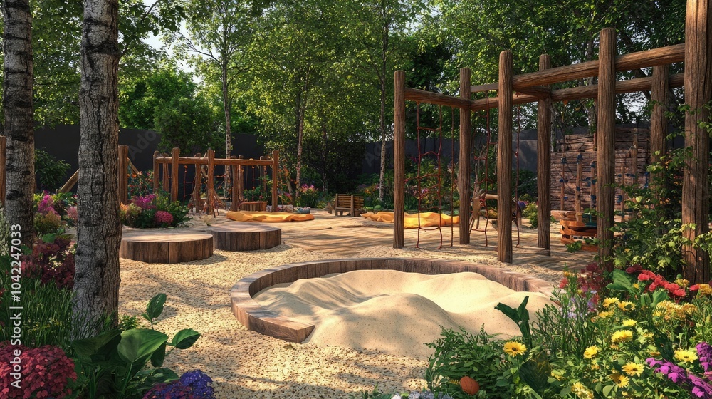 An imaginative play area with wooden climbing frames and sand pits, surrounded by a colorful garden, providing a playful yet natural environment for children.