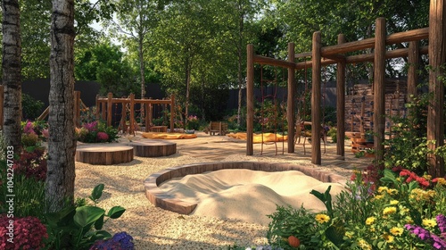 Obraz na płótnie An imaginative play area with wooden climbing frames and sand pits, surrounded by a colorful garden, providing a playful yet natural environment for children. w salonie