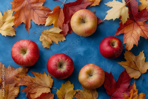 Colorful autumn apples surrounded by vibrant leaves on a textured blue surfac...