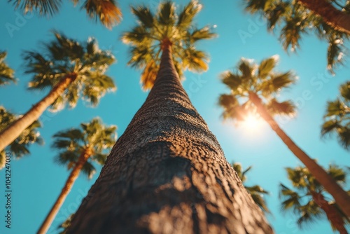 Sunlight filters through palm trees with a clear blue sky in a tropical setting