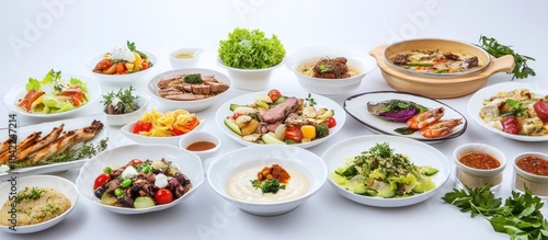 Wallpaper Mural A variety of delicious meals, including grilled fish, roasted vegetables, pasta, and salads, presented on white plates. Torontodigital.ca