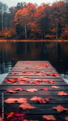 Autumn sunset reflects on calm lake with wooden dock covered in red leaves