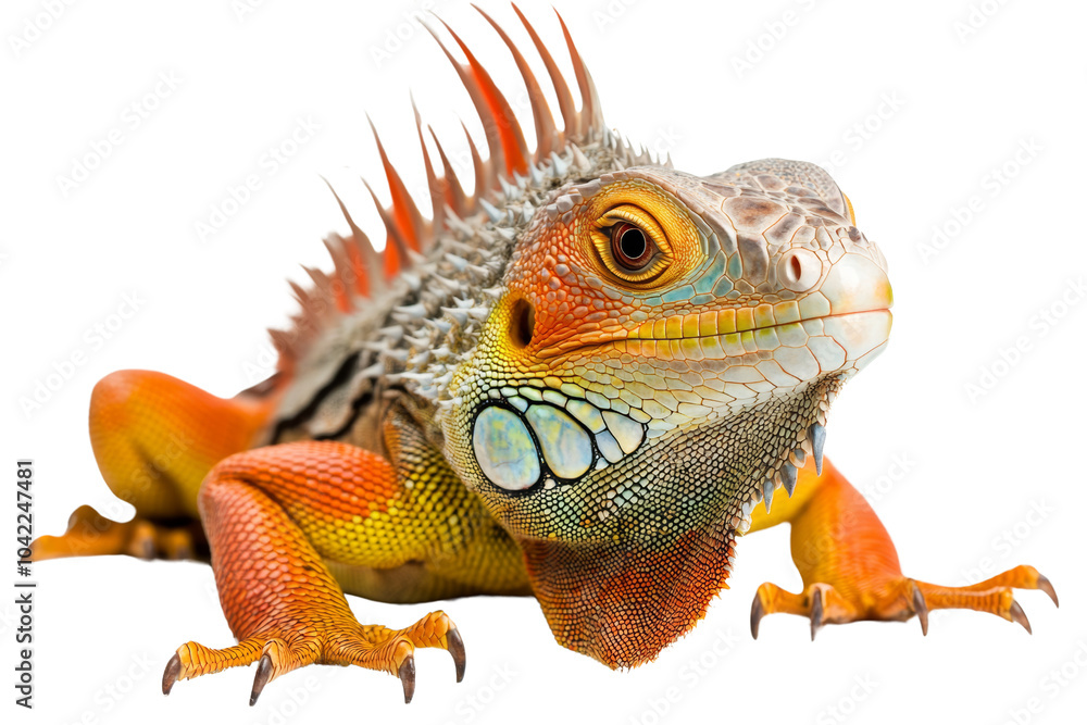 Fototapeta premium Vibrant iguana showcasing its colorful scales and distinctive features against,Isolated on transparent background
