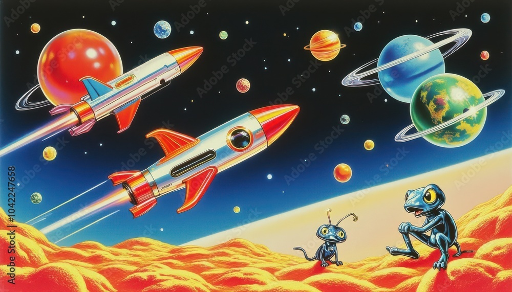 Naklejka premium Retro Galactic Adventures: Astronauts and Futuristic Planets