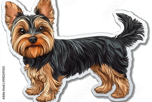 A cheerful Yorkshire Terrier with a lively expression stands proudly in a pla...