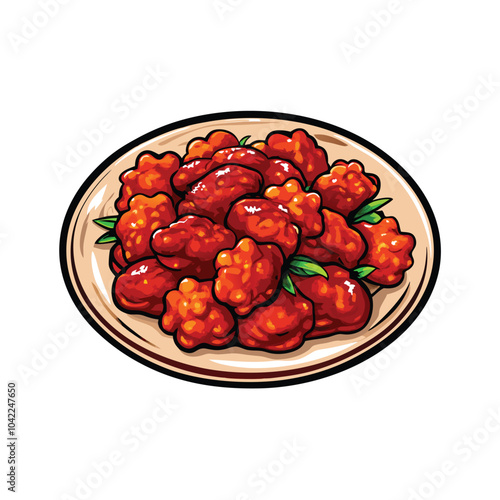 Realistic vector illustration of a plate of crispy General Tso's chicken.