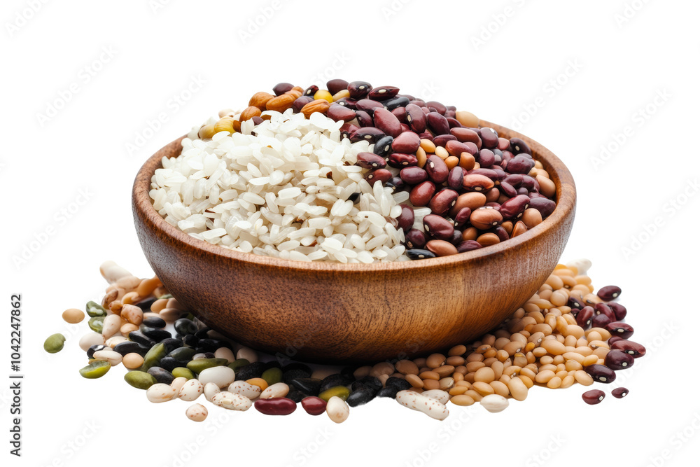 Wooden bowl filled with rice and assorted beans, surrounded by various types of seeds, against,Isolated on transparent background Wooden bowl filled with rice and assorted beans, surrounded by various types of seeds, against,Isolated on transparent background