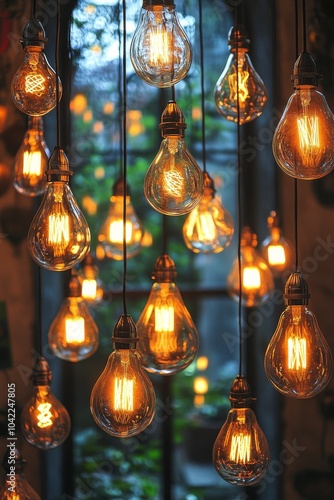 Decorative hanging light bulbs creating a warm ambiance in a cozy indoor spac...