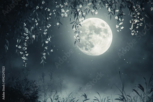 A full moon shines brightly through dark leaves on a calm night in the forest