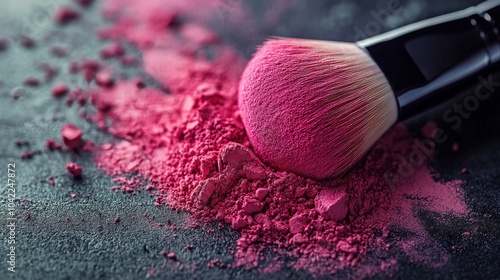 Bright pink powder makeup spilled beside a makeup brush on a dark background ...