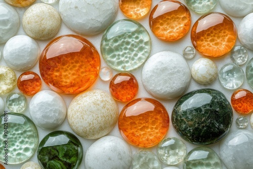 Colorful glass and stone pebbles arranged together on a light background with...