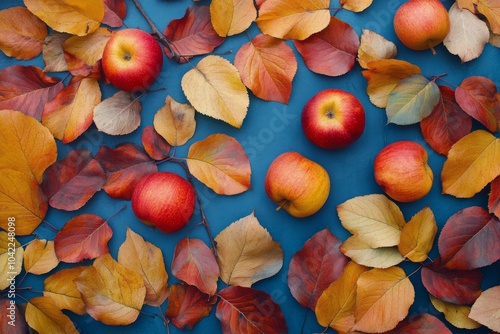 Colorful autumn apples surrounded by vibrant leaves on a textured blue surfac...