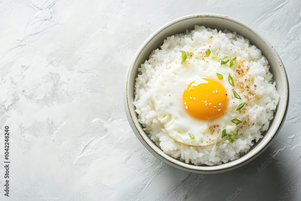 Delicious bowl of steaming rice topped with a perfectly cooked sunny-side-up egg and fresh green onions for a wholesome meal. Generative AI Delicious bowl of steaming rice topped with a perfectly cooked sunny-side-up egg and fresh green onions for a wholesome meal. Generative AI