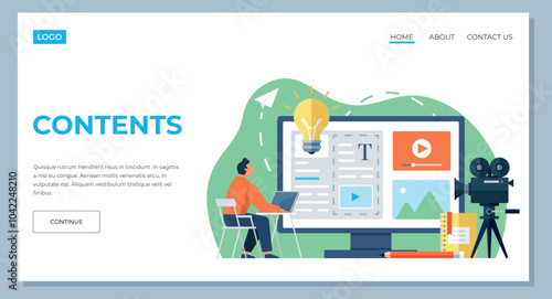 Contents landing page template. IT specialists working with ads on content marketing web page. Business analysis, maintenance strategy and management concept. Creation of website information content