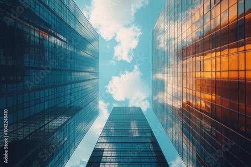 Looking up at modern skyscrapers against a blue sky with reflections and clou...