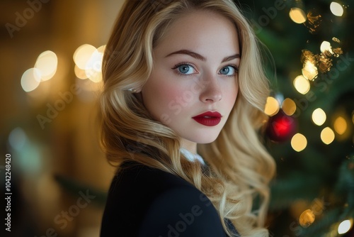 Elegant young woman with blonde hair and red lips posed near a beautifully de...