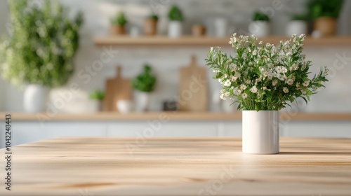 White flowers in ceramic pot on wooden kitchen counter. Realistic 3D rendering.