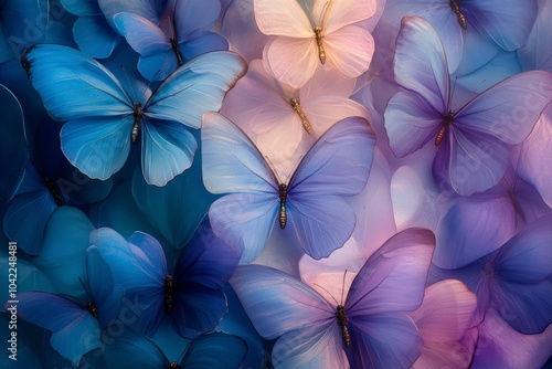Colorful butterflies fluttering among softly blurred flowers in a serene twil...