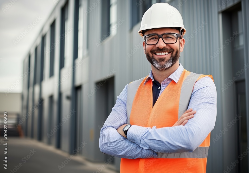 Smiling construction manager wearing a hard hat and orange safety vest, standing confidently in front of a modern industrial building.
Smiling construction manager wearing a hard hat and orange safety vest, standing confidently in front of a modern industrial building.