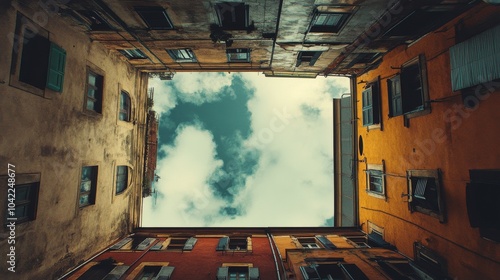 Looking up at a vibrant urban alleyway surrounded by historic buildings and c...